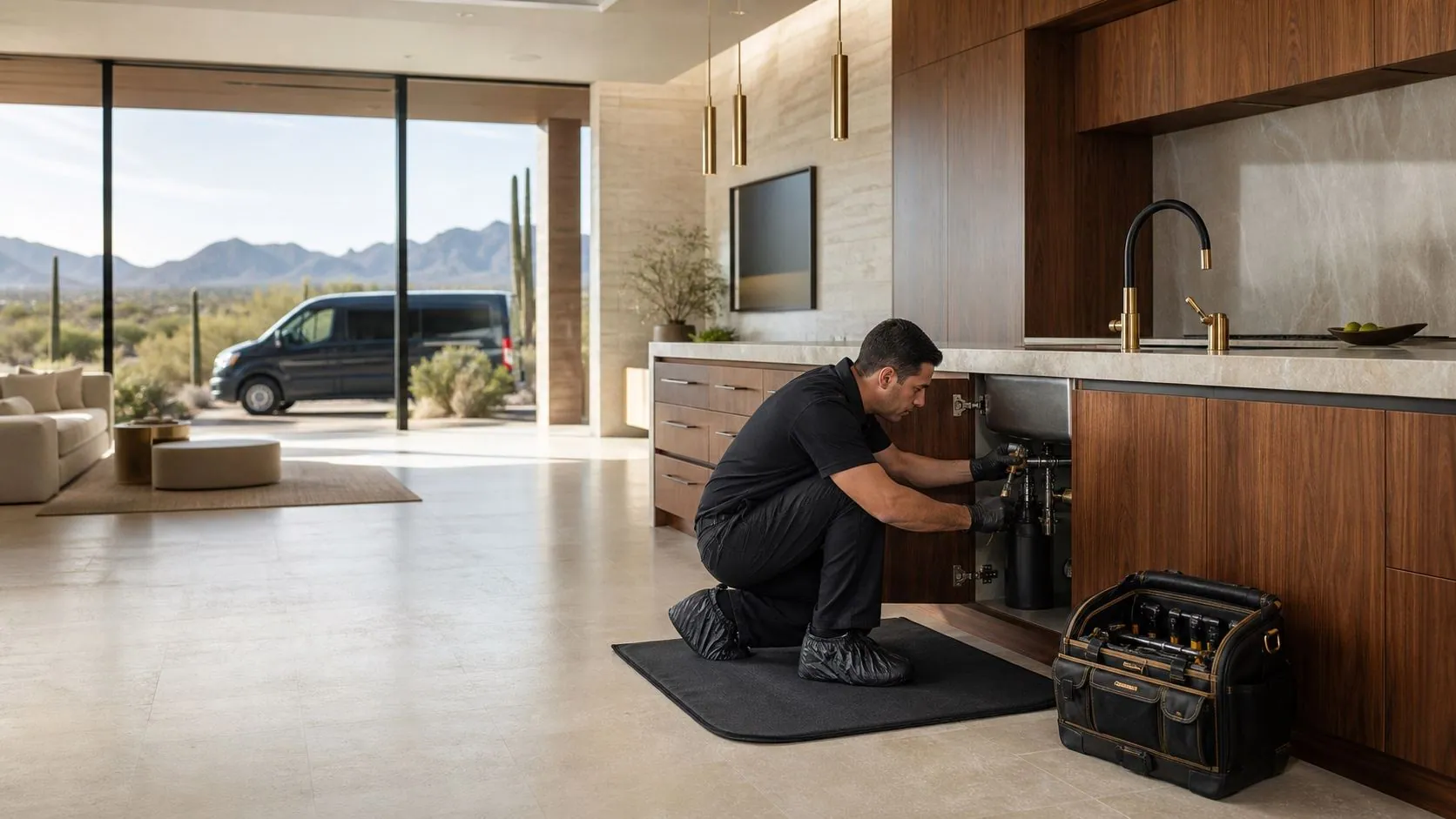 Prodigal Son Plumbing technician working in a luxury Paradise Valley kitchen with mountain views
